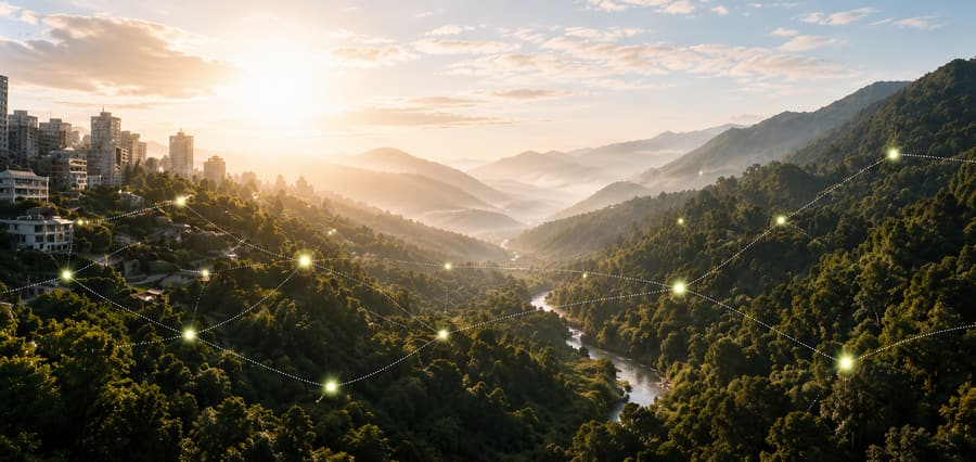 A valley seen from above, patches of land connected by tree lines