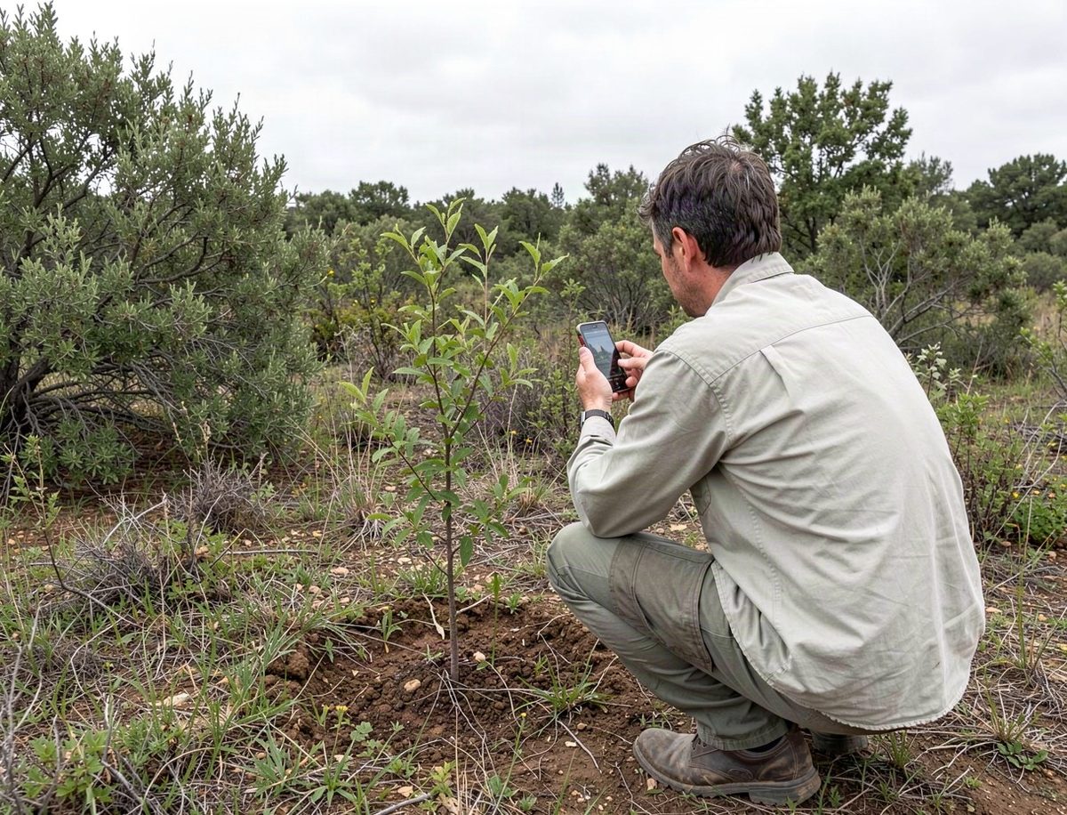 a conservation worker crouching to photograph a newly planted sapling on a phone