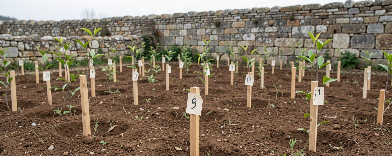 rows of newly planted saplings, each with a numbered tag, against an old stone wall